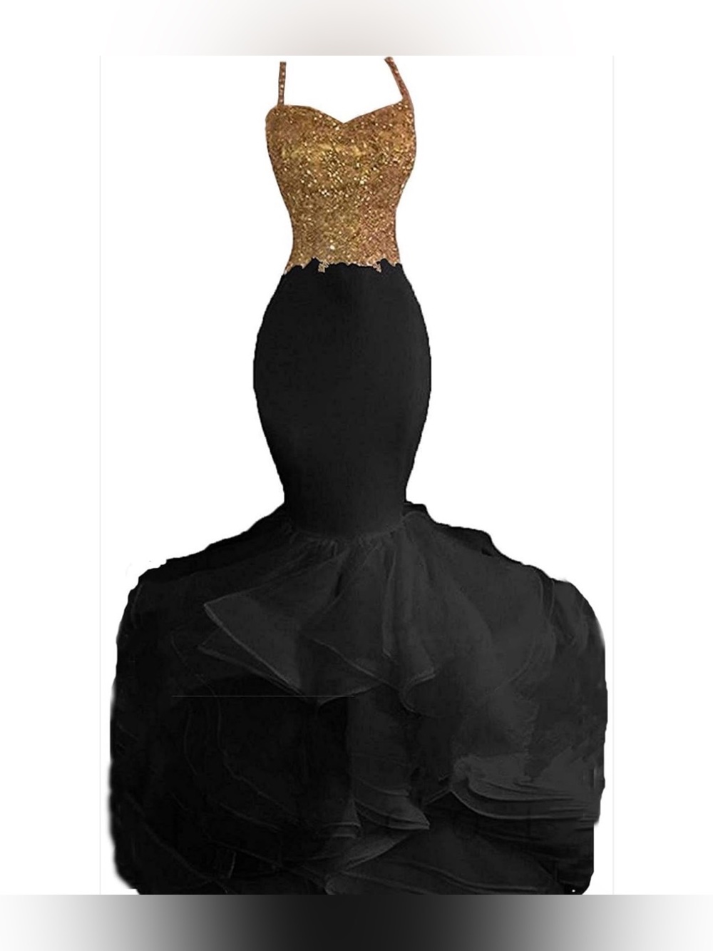 Gold Lace Top Black Ruffled Mermaid Gown